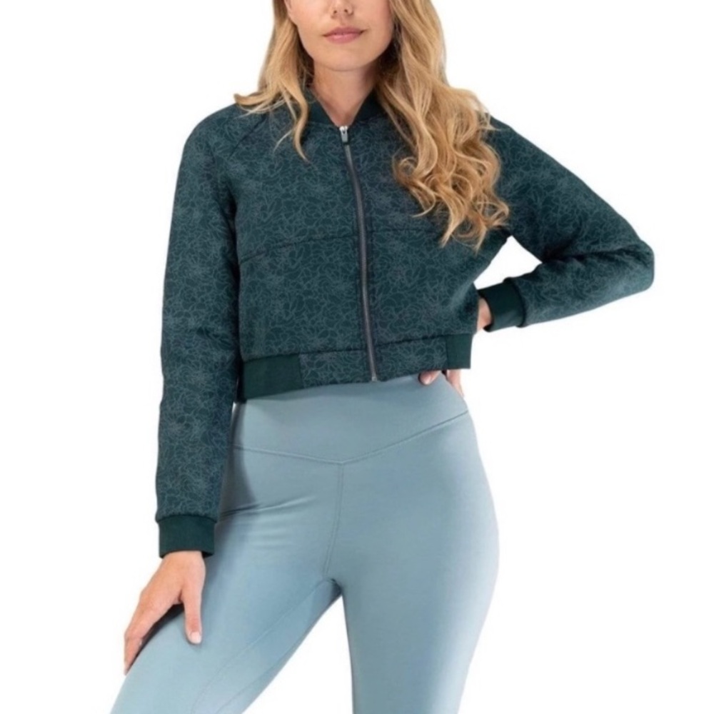 Balance Athletica Vitality Green Deep Sea Zip Front Cropped Bomber Flight Jacket - Picture 6 of 15